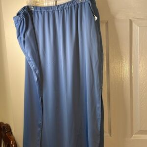 Blue Satin Polyester Maxi Skirt With Side Slits from Knees down 1X